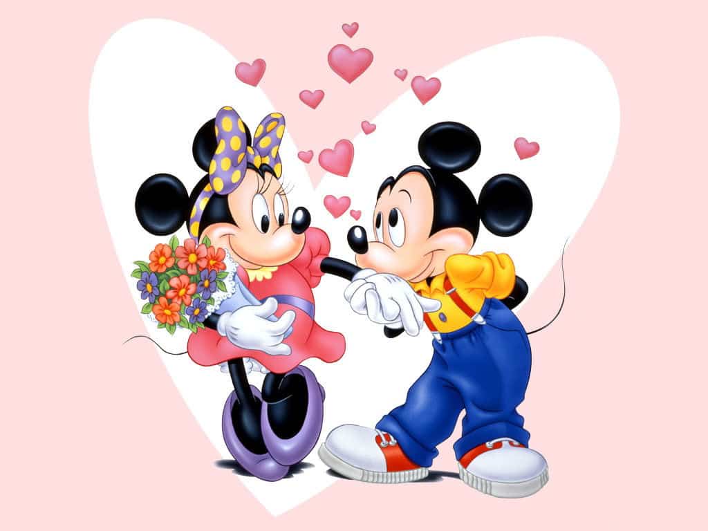 Imágen de amor de Minnie y Mickey cortejando con un ramo de flores
